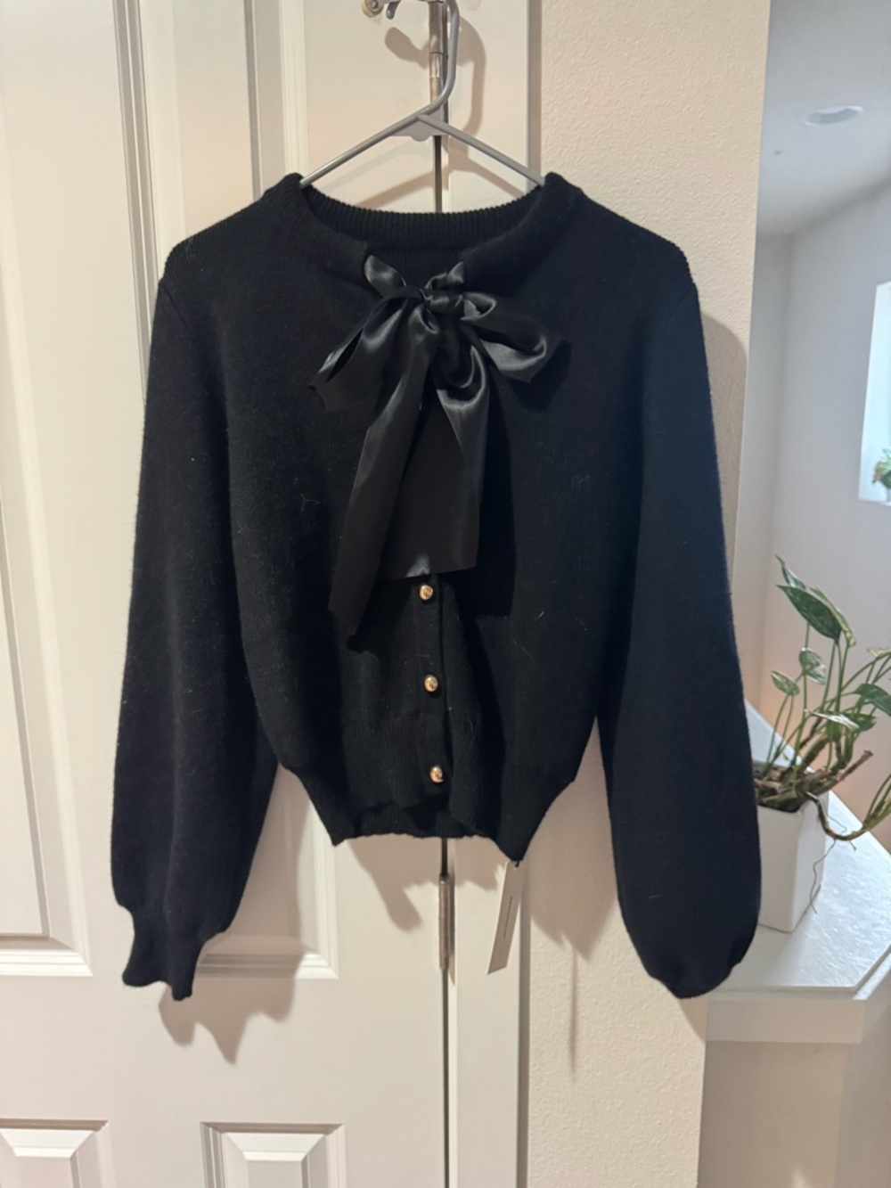 Commense Black Satin-Bow Knit Cardigan